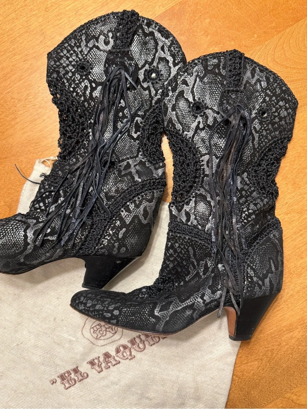 El Vaquero Black Snake-Print Lace-Up Ankle Booties